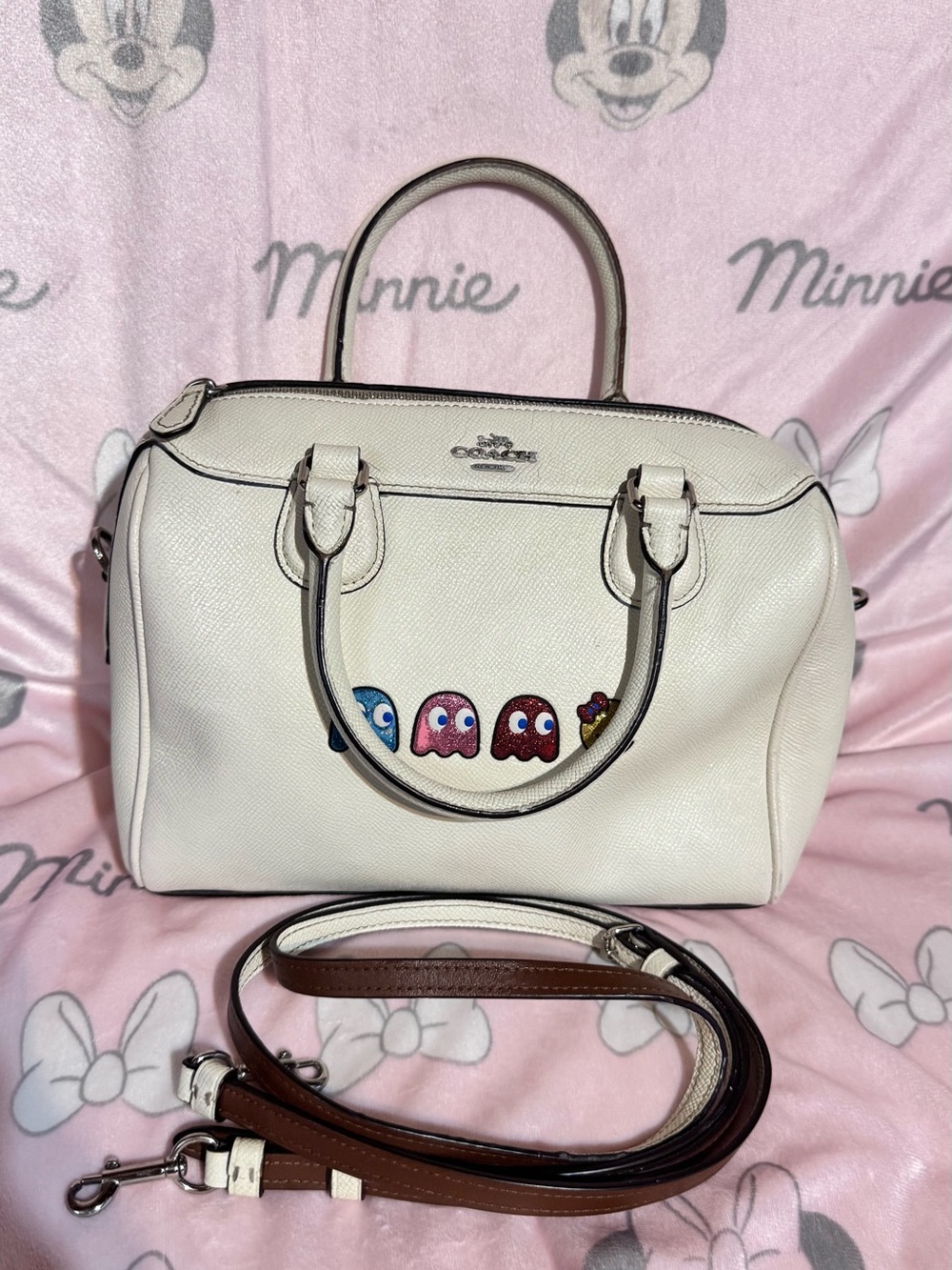 Coach x Ms. Pac Mac Cream Leather Satchel with Colorful Glitter Pac-Man Ghosts